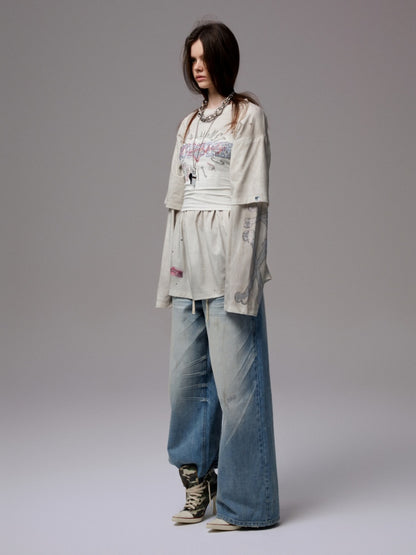 Vintage Rhinestone Fox Layered Mud-Dyed Distressed Washed Loose-Fit Long-Sleeve T-Shirt【s0000014235】