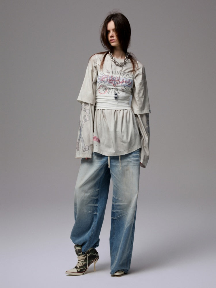 Vintage Rhinestone Fox Layered Mud-Dyed Distressed Washed Loose-Fit Long-Sleeve T-Shirt【s0000014235】