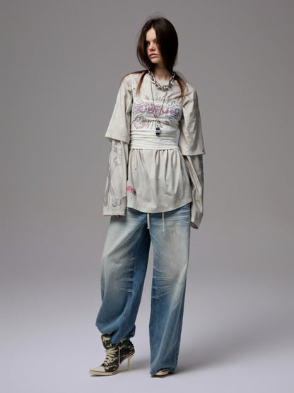 Vintage Rhinestone Fox Layered Mud-Dyed Distressed Washed Loose-Fit Long-Sleeve T-Shirt【s0000014235】