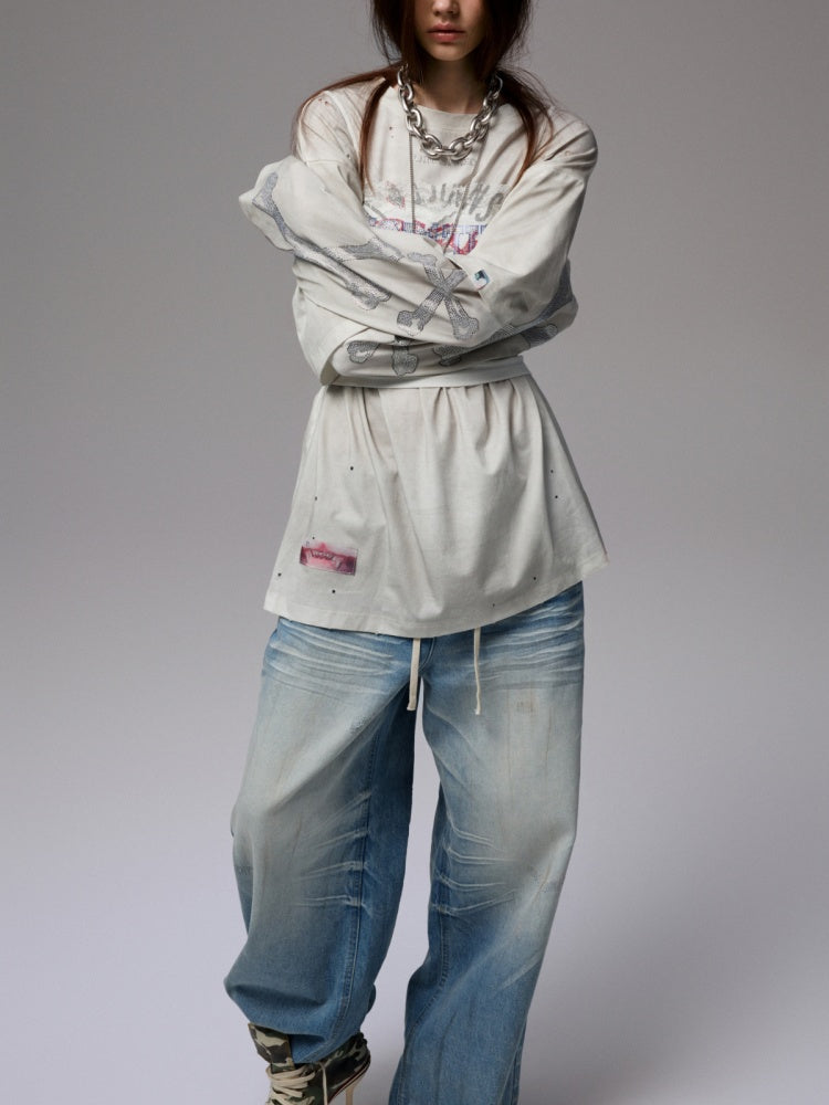 Vintage Rhinestone Fox Layered Mud-Dyed Distressed Washed Loose-Fit Long-Sleeve T-Shirt【s0000014235】