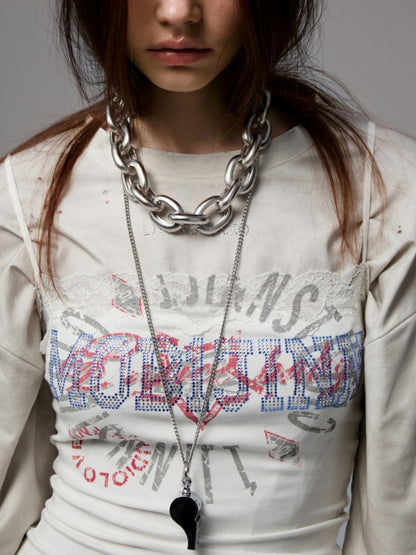 Vintage Rhinestone Fox Layered Mud-Dyed Distressed Washed Loose-Fit Long-Sleeve T-Shirt【s0000014235】
