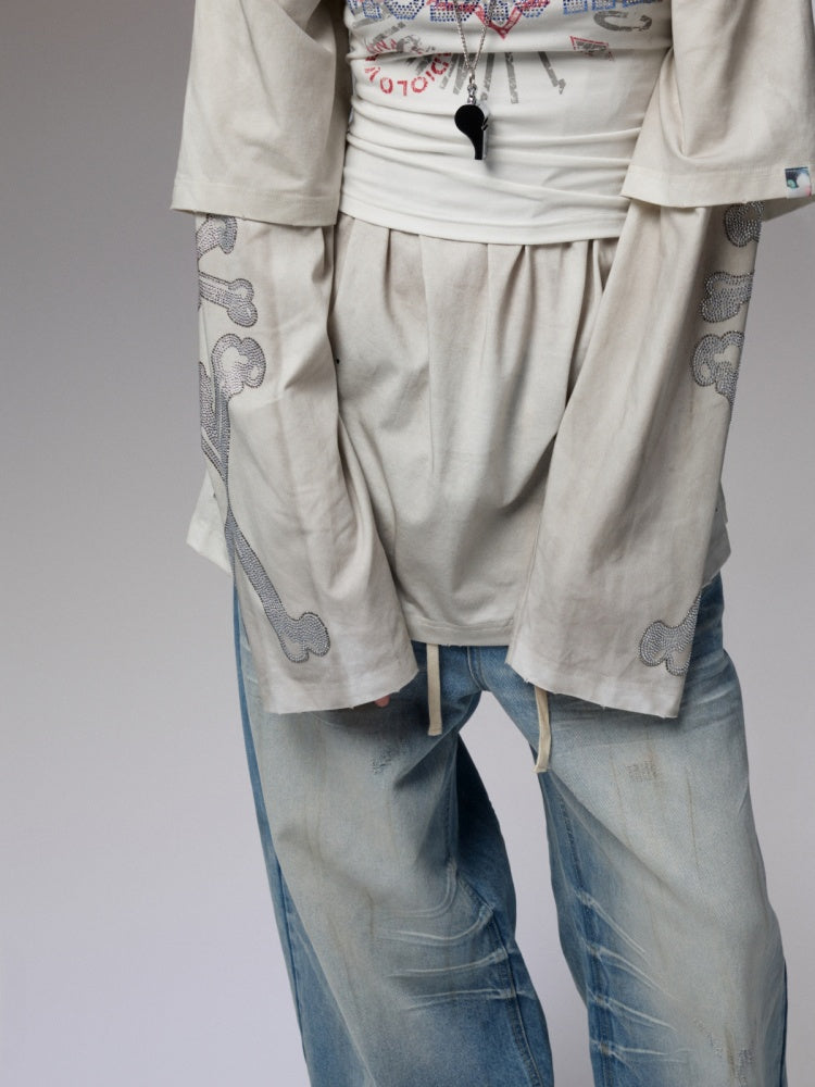 Vintage Rhinestone Fox Layered Mud-Dyed Distressed Washed Loose-Fit Long-Sleeve T-Shirt【s0000014235】