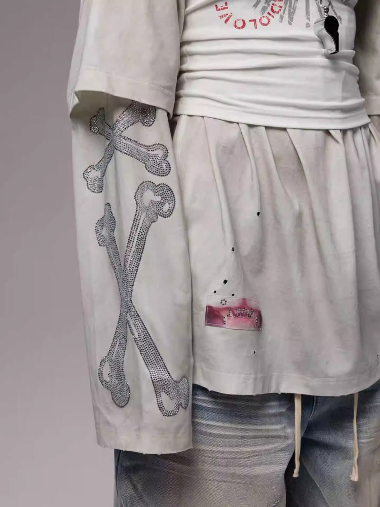 Vintage Rhinestone Fox Layered Mud-Dyed Distressed Washed Loose-Fit Long-Sleeve T-Shirt【s0000014235】