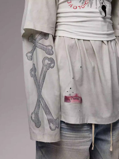 Vintage Rhinestone Fox Layered Mud-Dyed Distressed Washed Loose-Fit Long-Sleeve T-Shirt【s0000014235】