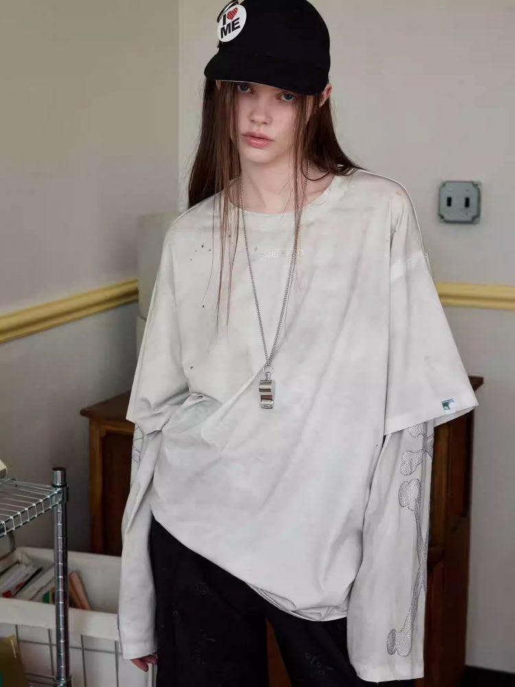 Vintage Rhinestone Fox Layered Mud-Dyed Distressed Washed Loose-Fit Long-Sleeve T-Shirt【s0000014235】