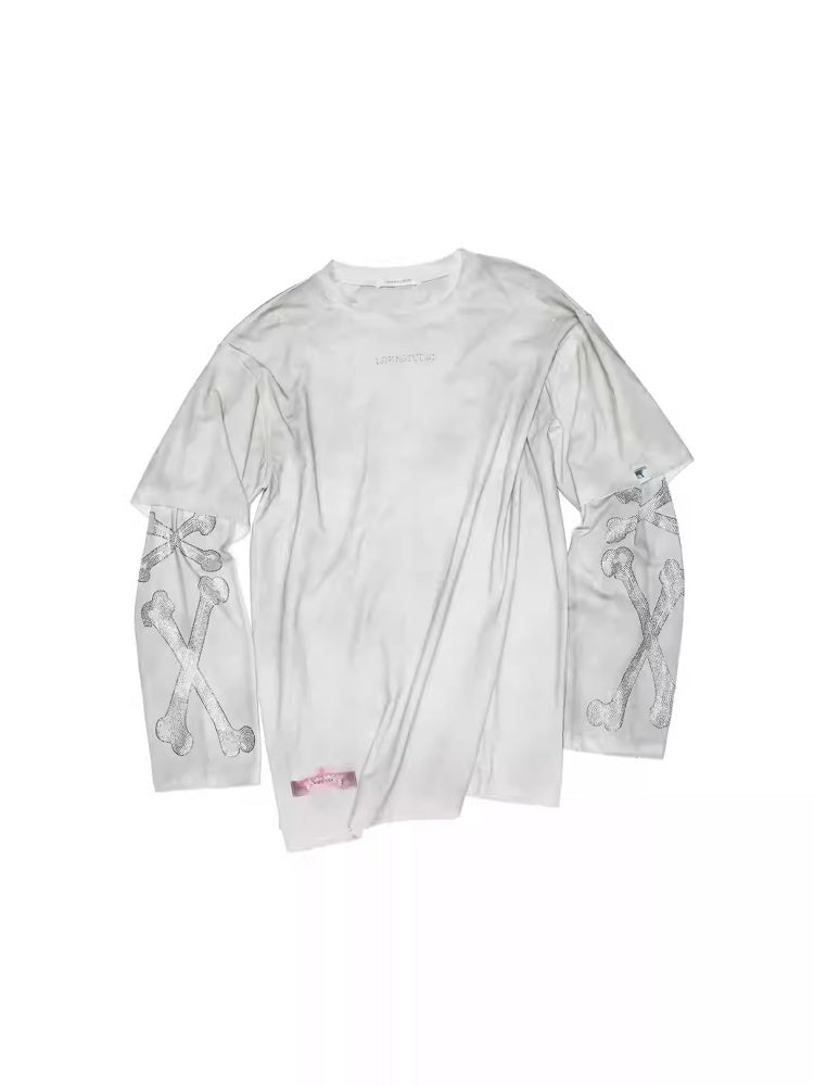 Vintage Rhinestone Fox Layered Mud-Dyed Distressed Washed Loose-Fit Long-Sleeve T-Shirt【s0000014235】