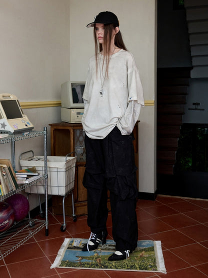 Vintage Rhinestone Fox Layered Mud-Dyed Distressed Washed Loose-Fit Long-Sleeve T-Shirt【s0000014235】