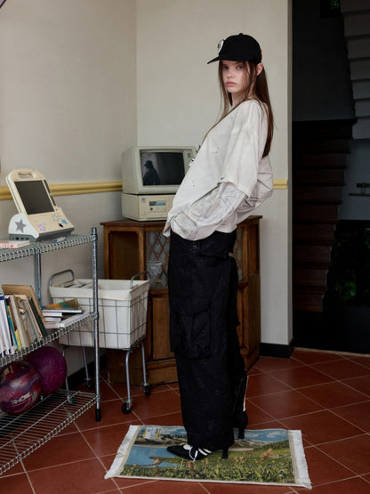 Vintage Rhinestone Fox Layered Mud-Dyed Distressed Washed Loose-Fit Long-Sleeve T-Shirt【s0000014235】