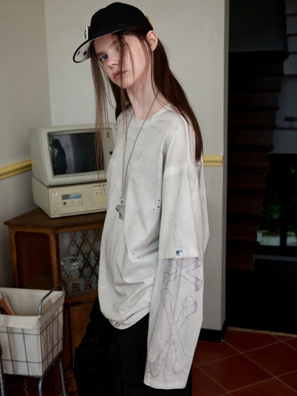 Vintage Rhinestone Fox Layered Mud-Dyed Distressed Washed Loose-Fit Long-Sleeve T-Shirt【s0000014235】