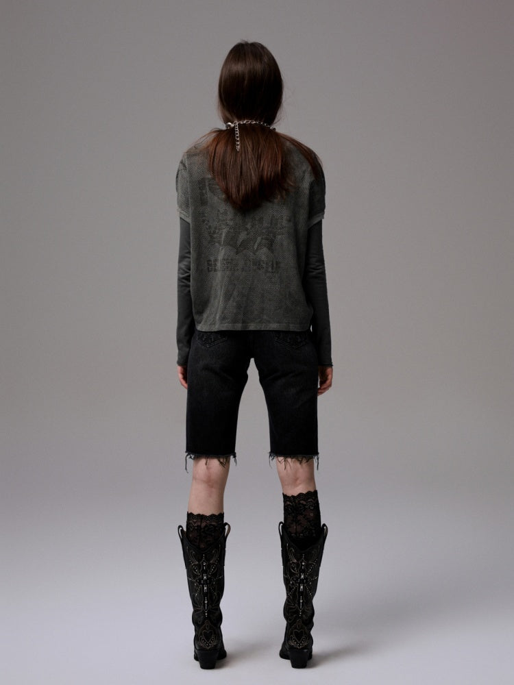 Vintage Printed Mesh Rugby Uniform Sports V-Neck Contrast Badge Tops【s0000014237】