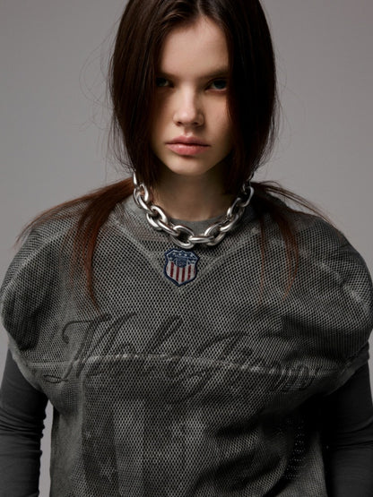 Vintage Printed Mesh Rugby Uniform Sports V-Neck Contrast Badge Tops【s0000014237】