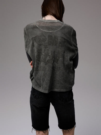 Vintage Printed Mesh Rugby Uniform Sports V-Neck Contrast Badge Tops【s0000014237】