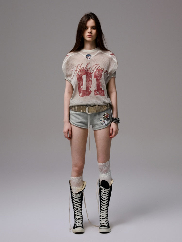 Vintage Printed Mesh Rugby Uniform Sports V-Neck Contrast Badge Tops【s0000014237】