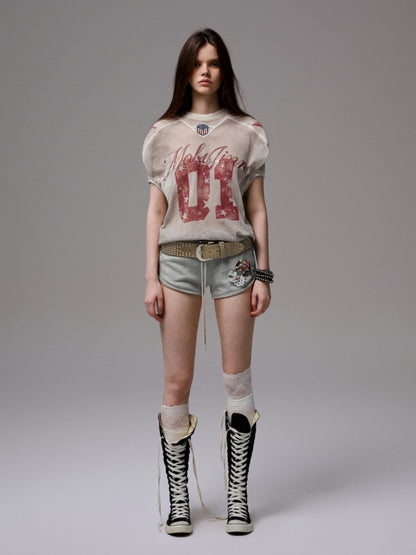 Vintage Printed Mesh Rugby Uniform Sports V-Neck Contrast Badge Tops【s0000014237】