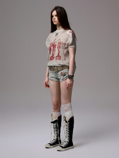 Vintage Printed Mesh Rugby Uniform Sports V-Neck Contrast Badge Tops【s0000014237】