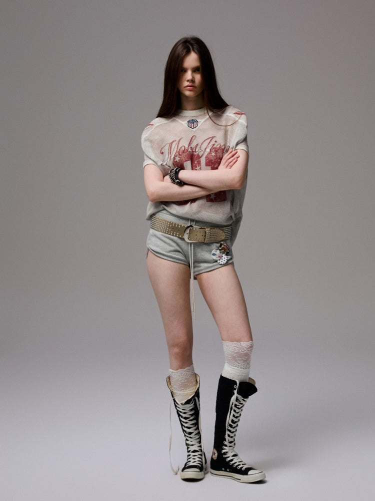 Vintage Printed Mesh Rugby Uniform Sports V-Neck Contrast Badge Tops【s0000014237】