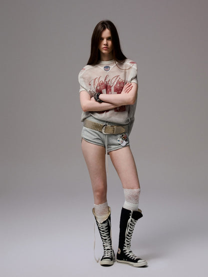 Vintage Printed Mesh Rugby Uniform Sports V-Neck Contrast Badge Tops【s0000014237】