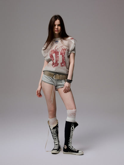 Vintage Printed Mesh Rugby Uniform Sports V-Neck Contrast Badge Tops【s0000014237】