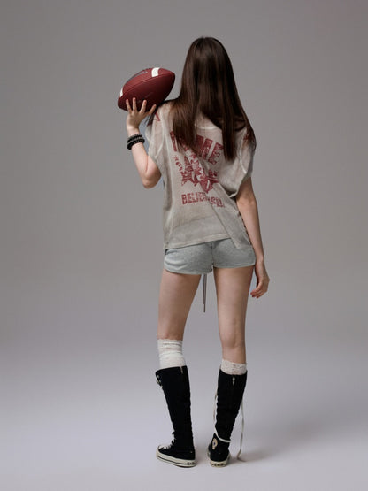 Vintage Printed Mesh Rugby Uniform Sports V-Neck Contrast Badge Tops【s0000014237】