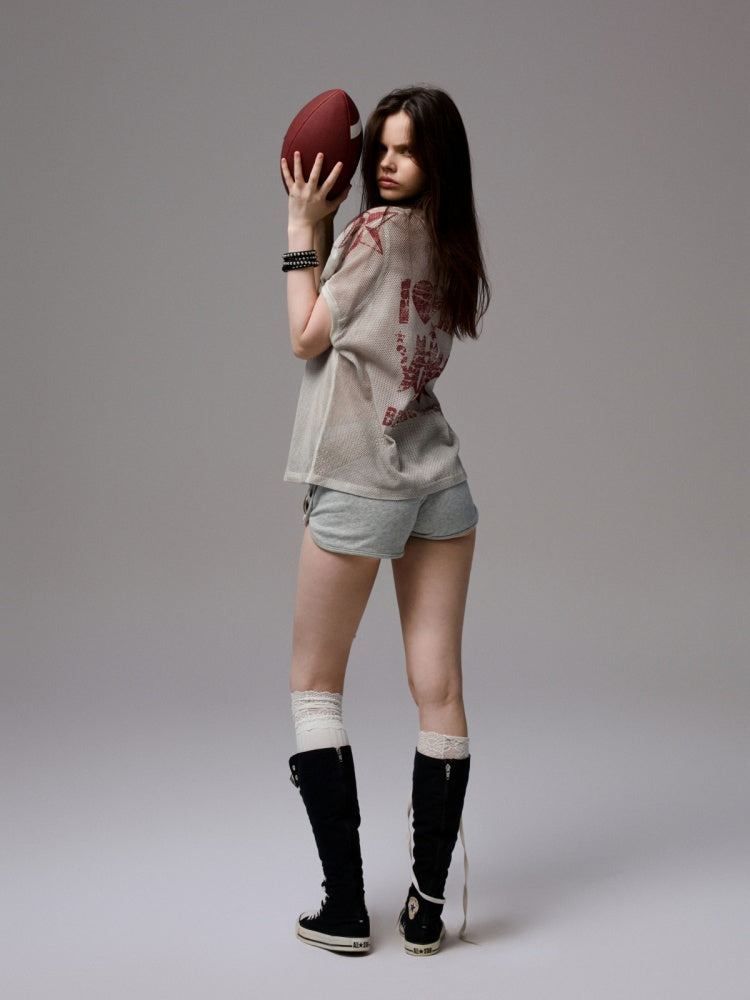 Vintage Printed Mesh Rugby Uniform Sports V-Neck Contrast Badge Tops【s0000014237】