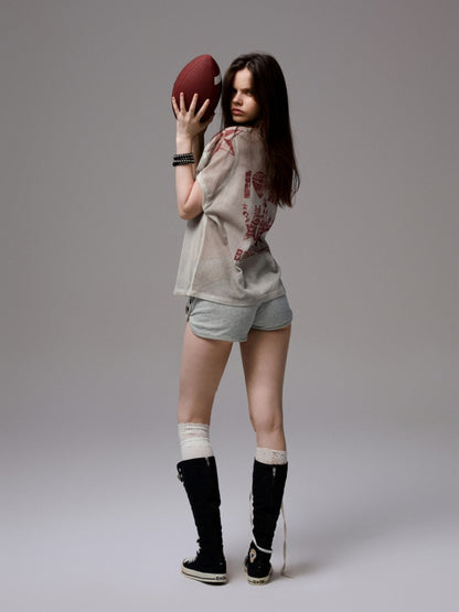 Vintage Printed Mesh Rugby Uniform Sports V-Neck Contrast Badge Tops【s0000014237】