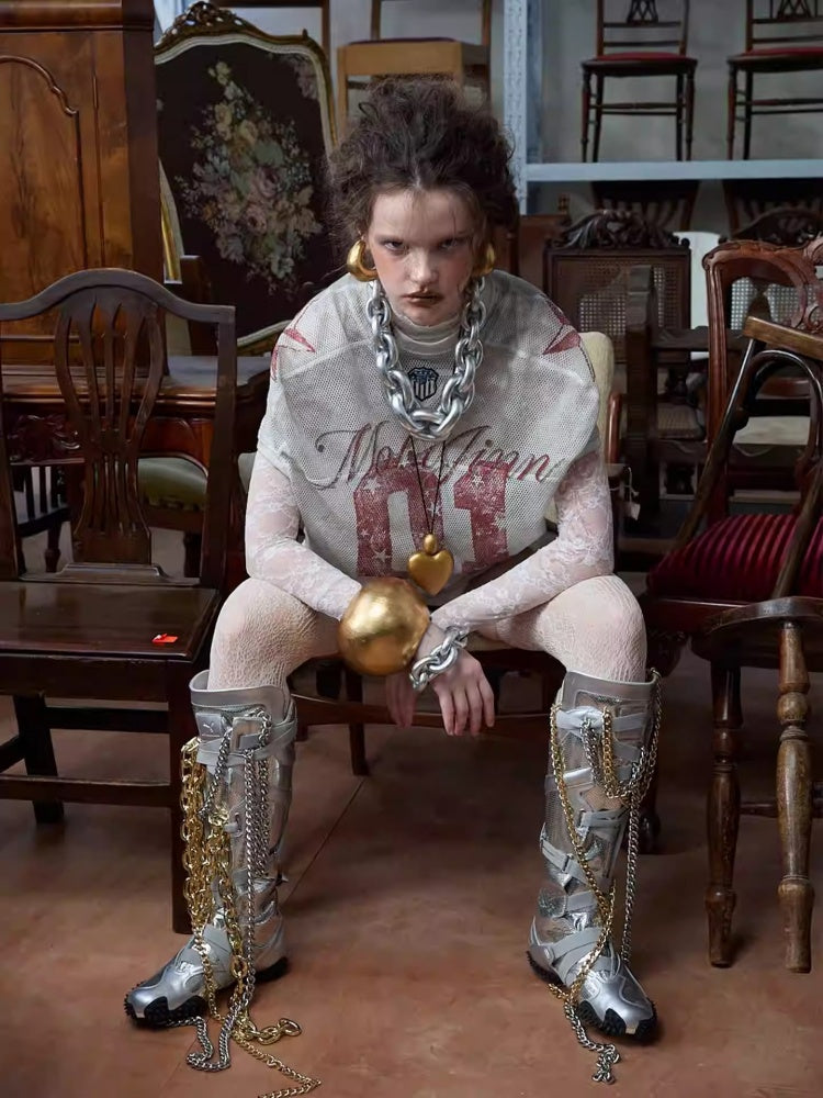 Vintage Printed Mesh Rugby Uniform Sports V-Neck Contrast Badge Tops【s0000014237】