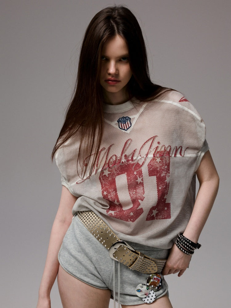 Vintage Printed Mesh Rugby Uniform Sports V-Neck Contrast Badge Tops【s0000014237】