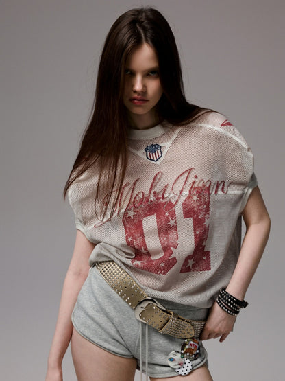 Vintage Printed Mesh Rugby Uniform Sports V-Neck Contrast Badge Tops【s0000014237】