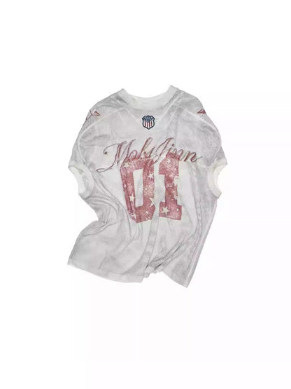 Vintage Printed Mesh Rugby Uniform Sports V-Neck Contrast Badge Tops【s0000014237】