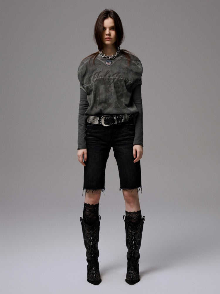 Vintage Printed Mesh Rugby Uniform Sports V-Neck Contrast Badge Tops【s0000014237】