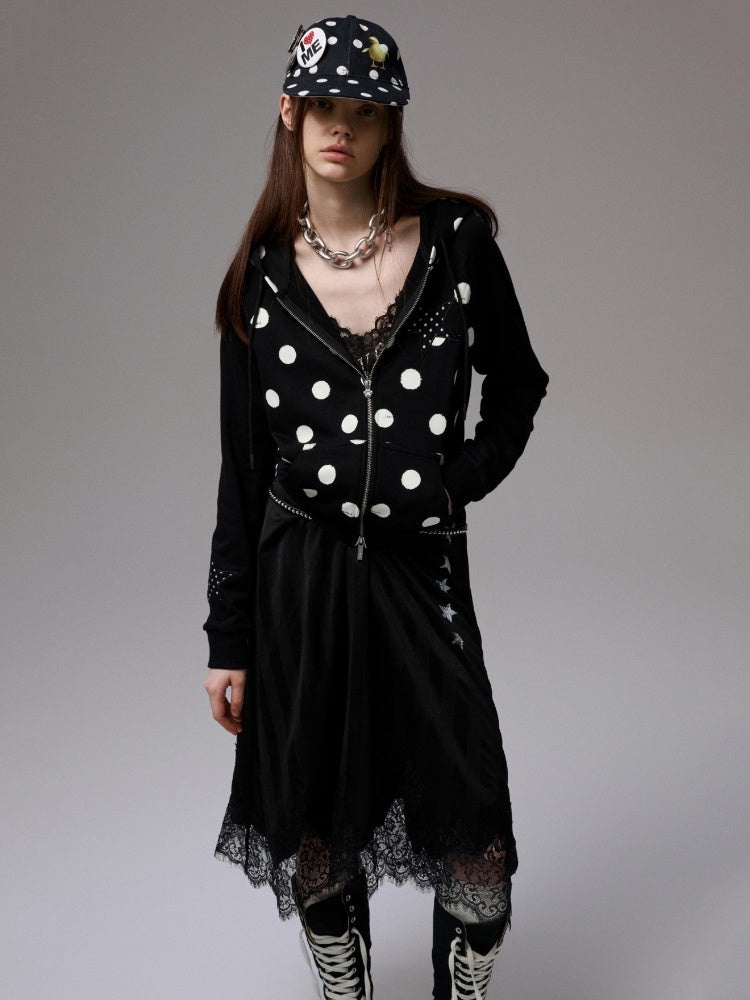 Heavy Satin Letter Print Paneled Lace Suspender Midi V-Neck Sexy Dress【s0000014238】