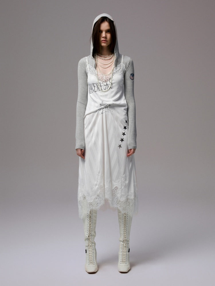 Heavy Satin Letter Print Paneled Lace Suspender Midi V-Neck Sexy Dress【s0000014238】