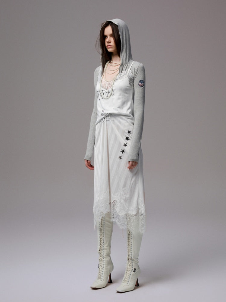 Heavy Satin Letter Print Paneled Lace Suspender Midi V-Neck Sexy Dress【s0000014238】
