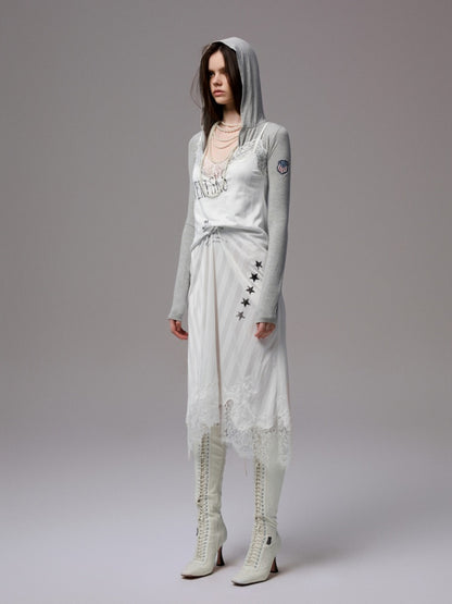 Heavy Satin Letter Print Paneled Lace Suspender Midi V-Neck Sexy Dress【s0000014238】