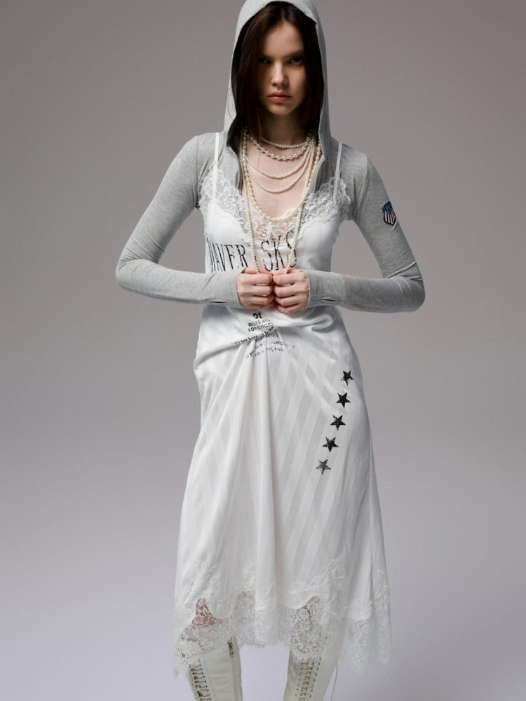 Heavy Satin Letter Print Paneled Lace Suspender Midi V-Neck Sexy Dress【s0000014238】