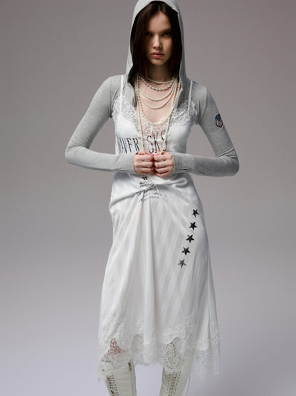 Heavy Satin Letter Print Paneled Lace Suspender Midi V-Neck Sexy Dress【s0000014238】