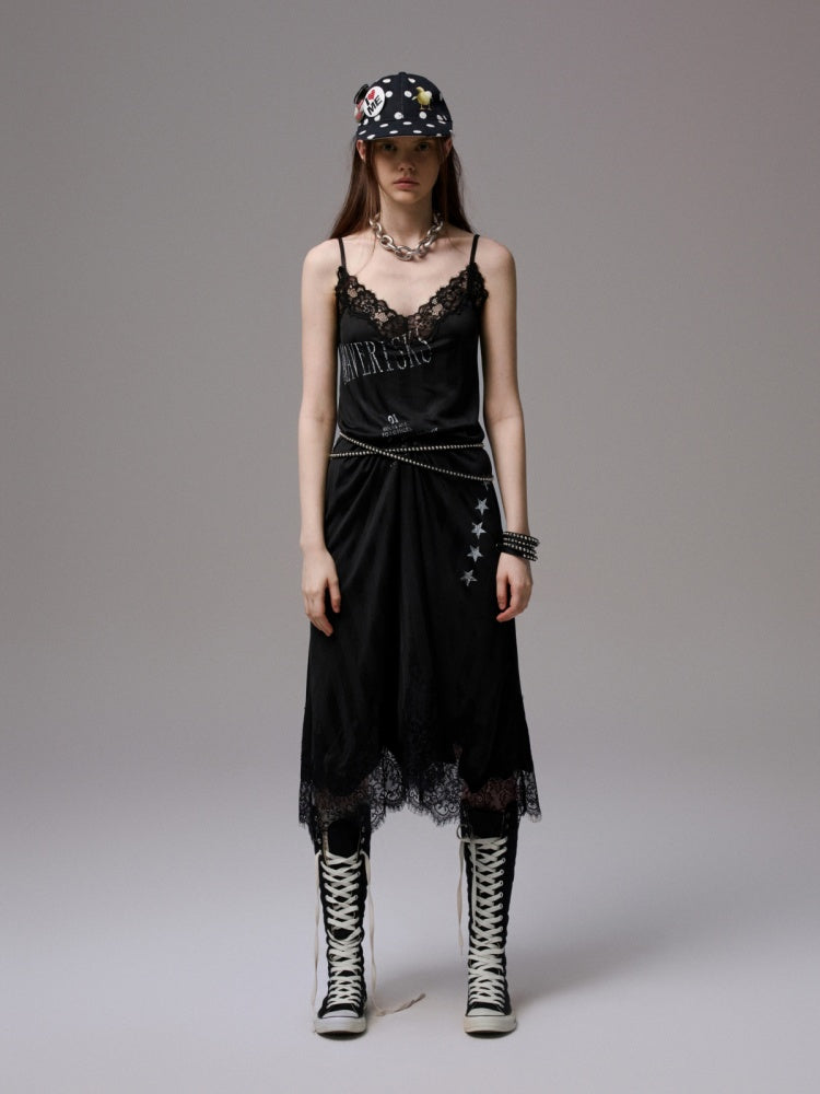 Heavy Satin Letter Print Paneled Lace Suspender Midi V-Neck Sexy Dress【s0000014238】