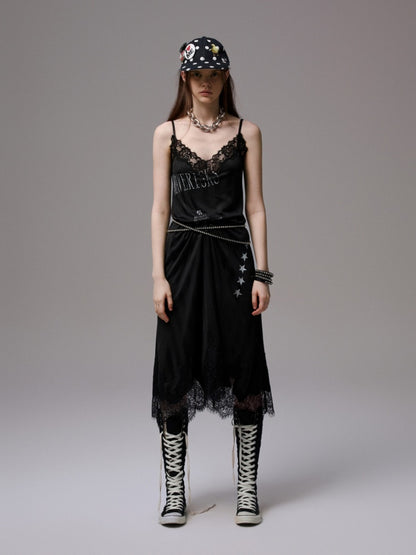 Heavy Satin Letter Print Paneled Lace Suspender Midi V-Neck Sexy Dress【s0000014238】