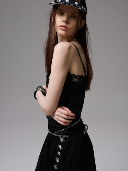 Heavy Satin Letter Print Paneled Lace Suspender Midi V-Neck Sexy Dress【s0000014238】