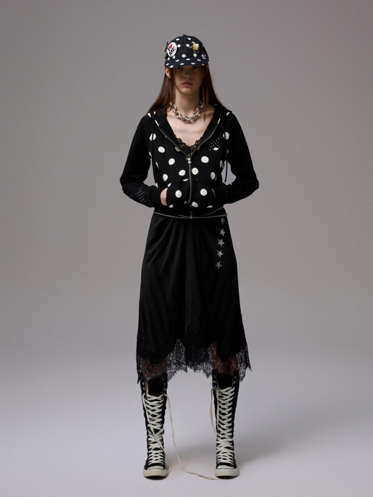 Heavy Satin Letter Print Paneled Lace Suspender Midi V-Neck Sexy Dress【s0000014238】