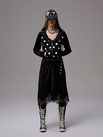 Heavy Satin Letter Print Paneled Lace Suspender Midi V-Neck Sexy Dress【s0000014238】