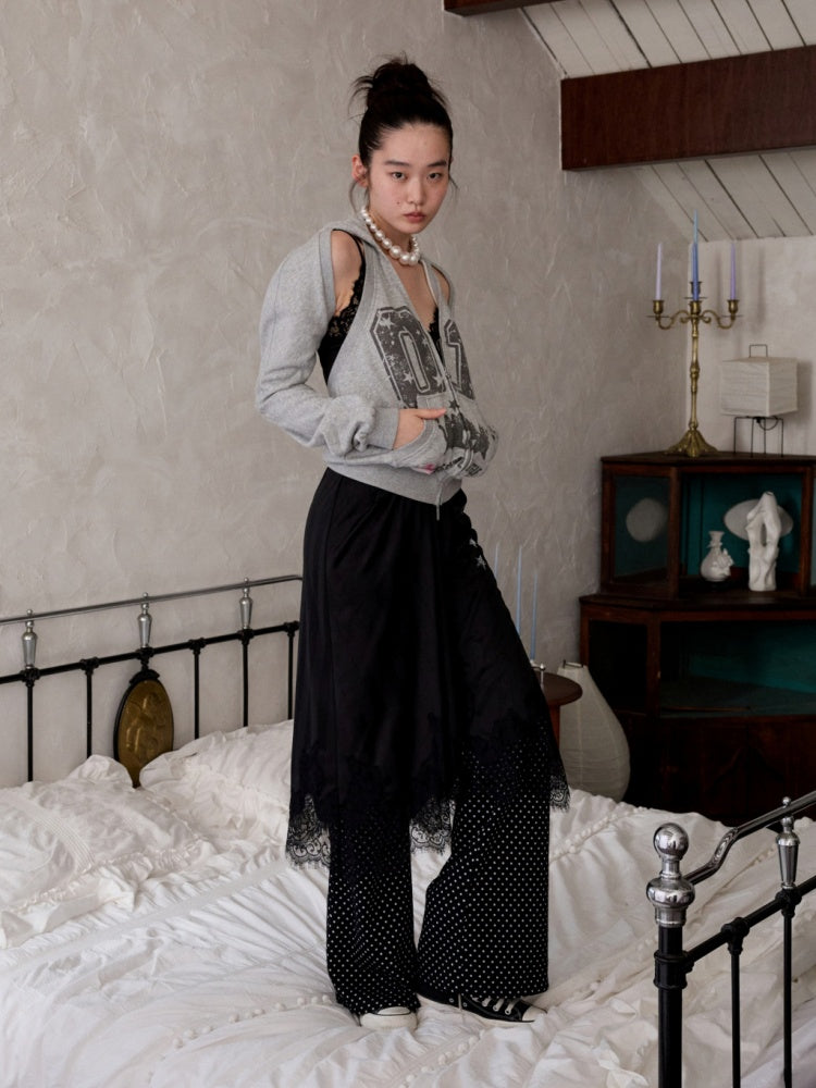Heavy Satin Letter Print Paneled Lace Suspender Midi V-Neck Sexy Dress【s0000014238】