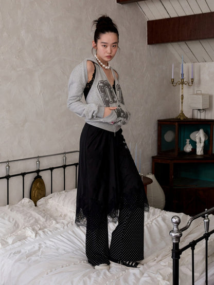 Heavy Satin Letter Print Paneled Lace Suspender Midi V-Neck Sexy Dress【s0000014238】