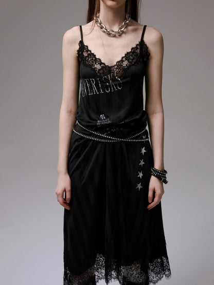 Heavy Satin Letter Print Paneled Lace Suspender Midi V-Neck Sexy Dress【s0000014238】
