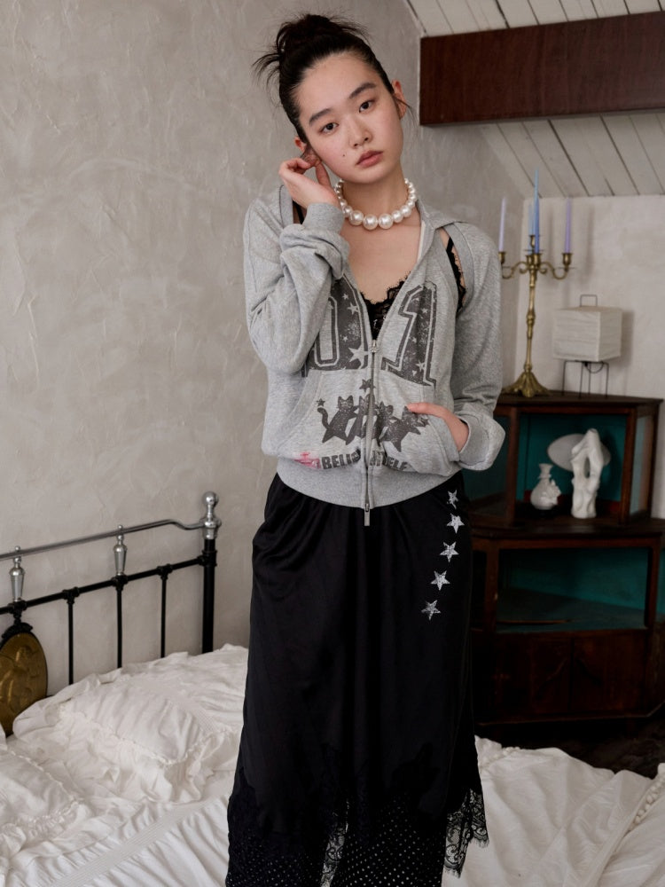 Heavy Satin Letter Print Paneled Lace Suspender Midi V-Neck Sexy Dress【s0000014238】