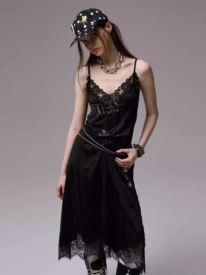 Heavy Satin Letter Print Paneled Lace Suspender Midi V-Neck Sexy Dress【s0000014238】