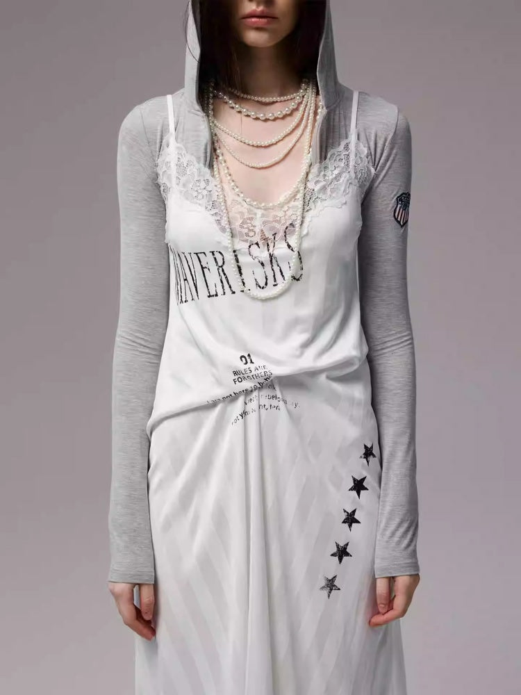 Heavy Satin Letter Print Paneled Lace Suspender Midi V-Neck Sexy Dress【s0000014238】