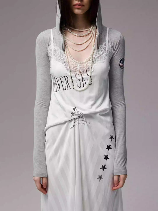 Heavy Satin Letter Print Paneled Lace Suspender Midi V-Neck Sexy Dress【s0000014238】