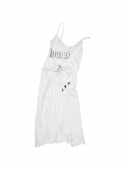Heavy Satin Letter Print Paneled Lace Suspender Midi V-Neck Sexy Dress【s0000014238】