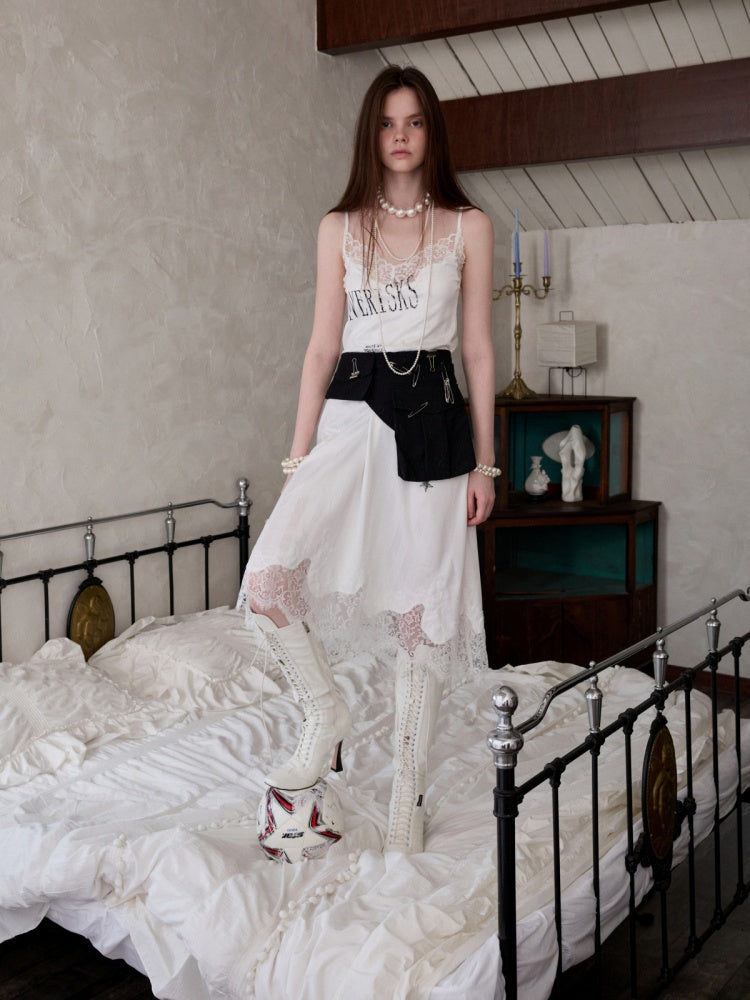 Heavy Satin Letter Print Paneled Lace Suspender Midi V-Neck Sexy Dress【s0000014238】